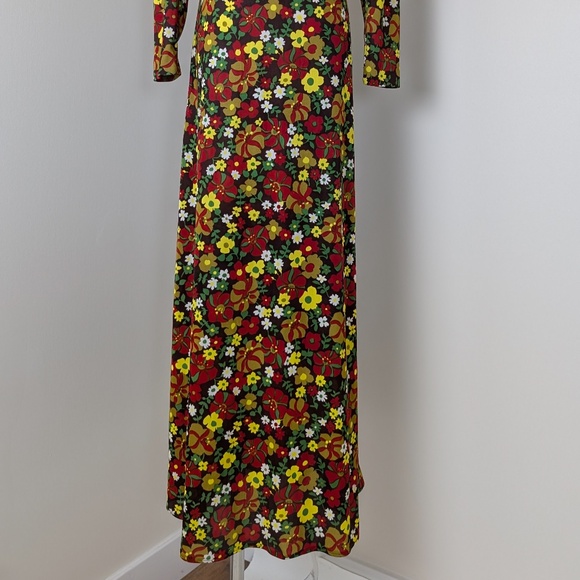 70's Floral Maxi Dress Cape Long Sleeve V-neck Fitted Flare - Picture 7 of 14